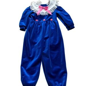 Evy Vintage 70s Royal Blue Velvet Jumpsuit‎ Romper Pink Bow Roses Size 4T Girls
